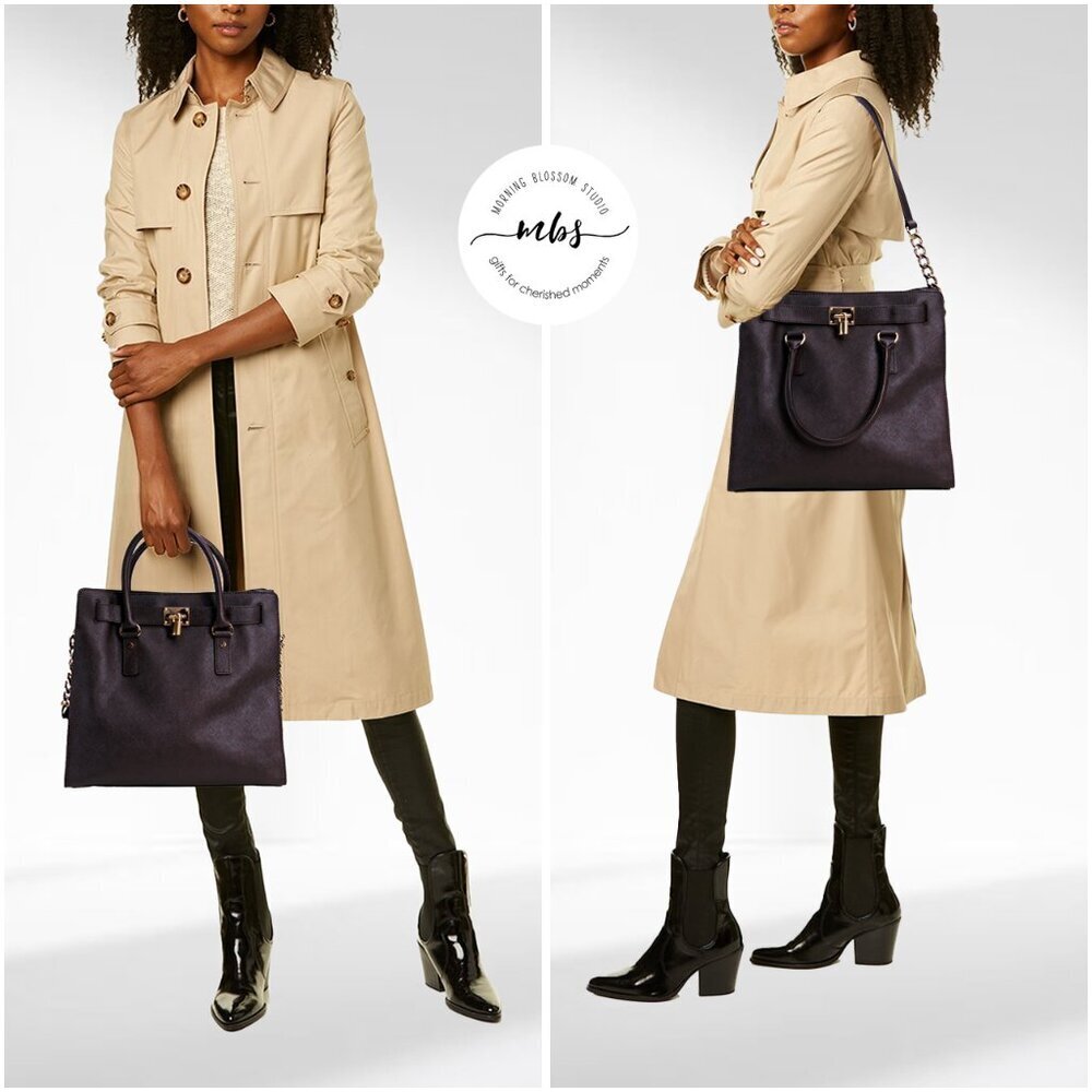 Michael Kors Hamilton Saffiano Chain Leather Brown Gold Shoulder Tote Bag Duster